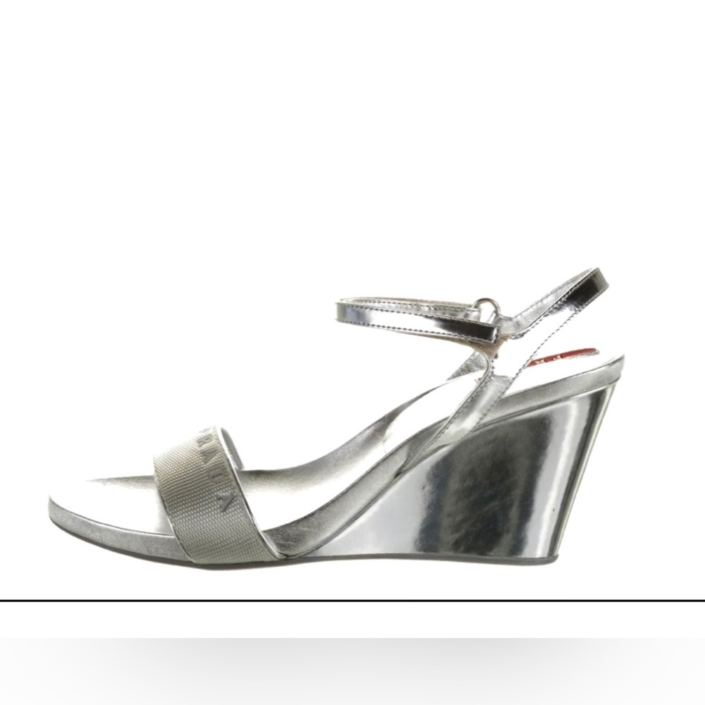 PRADA silver wedge leather sandals
